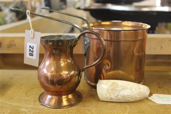 Miscellaneous items, inc a small marine ivory scrimshaw and a copper saucepan and measure